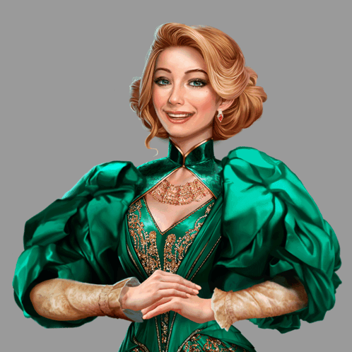 A Woman In A Green Dress And Gold Jewelry Smiles GIF