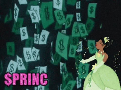 A Woman In A Green Dress Is Standing In Front Of A Wall Of Dollar Bills With The Words Spring Written On It GIF