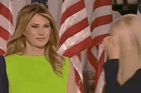 A Woman In A Green Dress Is Standing In Front Of An American Flag And Talking To Another Woman . GIF