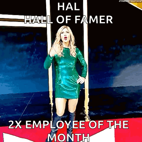 A Woman In A Green Dress Is Standing On A Red Carpet With The Words Hall Of Famer 2X Employee Of The Month GIF