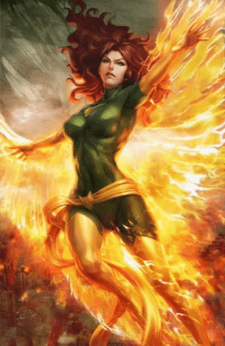 A Woman In A Green Dress Is Surrounded By Flames And Fire GIF
