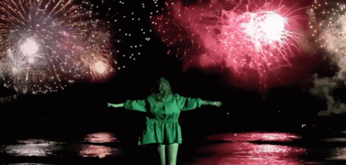 A Woman In A Green Dress Stands In Front Of A Firework Display GIF