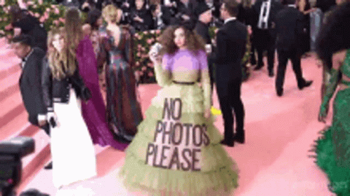 A Woman In A Green Dress With The Words No Photos Please On It GIF