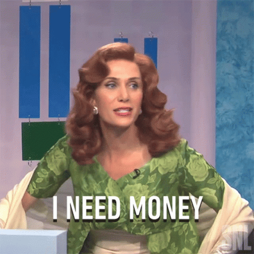 A Woman In A Green Floral Shirt Says I Need Money GIF