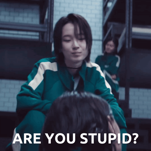 A Woman In A Green Jacket Is Sitting Next To Another Woman With The Words " Are You Stupid " On The Bottom GIF