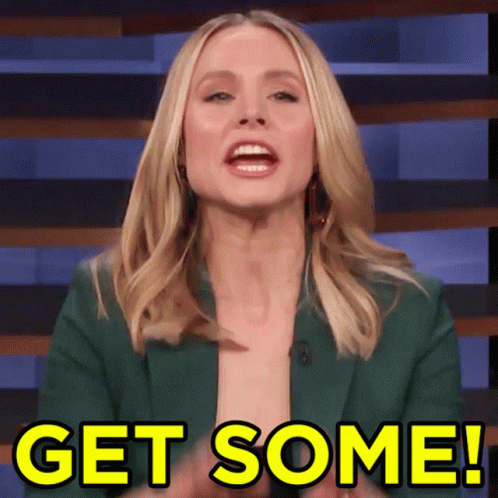 A Woman In A Green Jacket Says Get Some In Yellow Letters GIF