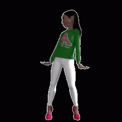 A Woman In A Green Shirt And White Pants Is Dancing With Her Arms Outstretched . GIF