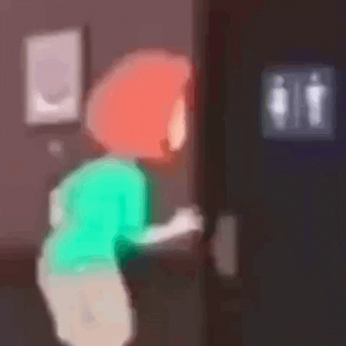 A Woman In A Green Shirt Is Standing In Front Of A Door In A Bathroom . GIF