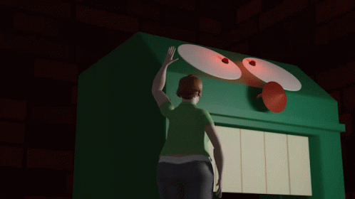 A Woman In A Green Shirt Is Standing In Front Of A Green Building With A Smiley Face On It GIF