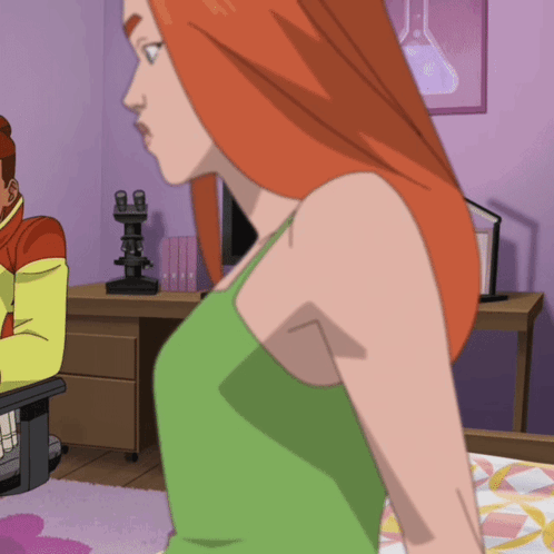 A Woman In A Green Tank Top Is Standing In Front Of A Desk With A Microscope On It GIF