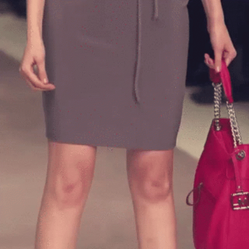 A Woman In A Grey Skirt Holds A Red Purse GIF