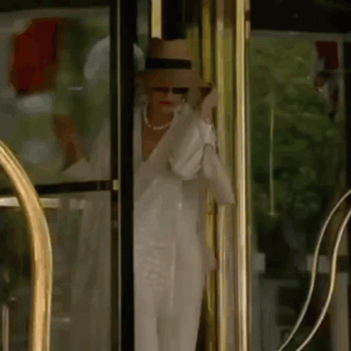 A Woman In A Hat And Sunglasses Is Standing In Front Of A Glass Door . GIF