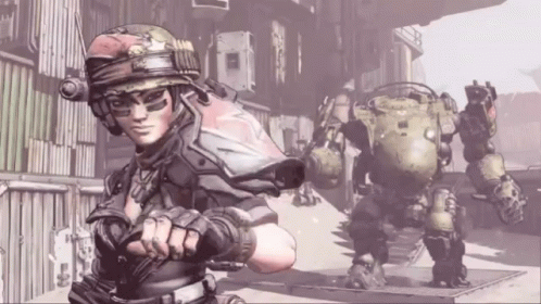 A Woman In A Helmet Stands Next To A Robot In A Video Game GIF