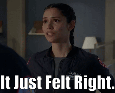 A Woman In A Jacket With The Words It Just Felt Right GIF