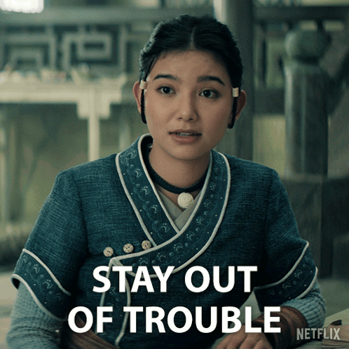 A Woman In A Kimono Says " Stay Out Of Trouble " On A Netflix Poster GIF
