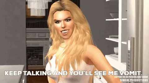 A Woman In A Kitchen With The Words Keep Talking And You 'Ll See Me Vomit GIF