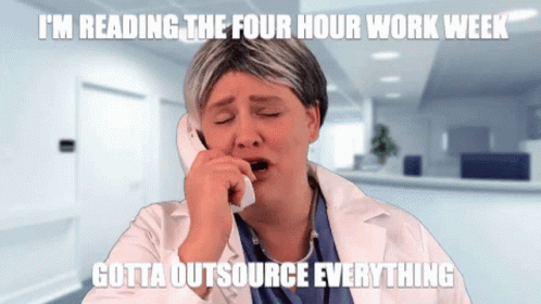 a woman in a lab coat is yawning while talking on a phone with the caption i 'm reading the four hour work week