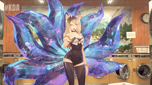 A Woman In A Laundromat With #Kda On The Bottom Right GIF