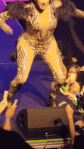 A Woman In A Leopard Print Jumpsuit Is Dancing On Stage GIF