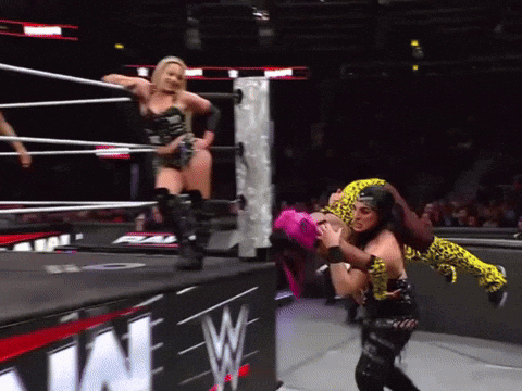 A Woman In A Leopard Print Outfit Is Being Lifted In The Air By A Wrestler GIF