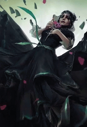 A Woman In A Long Black Dress Is Holding A Pink Rose GIF