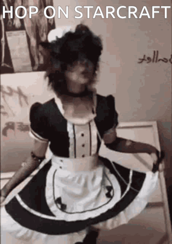 A Woman In A Maid Costume Is Dancing With The Words Hop On Starcraft Above Her GIF