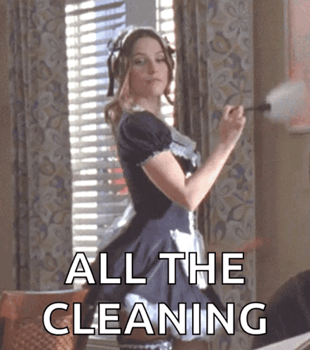 A Woman In A Maid Costume Is Holding A Duster And The Words All The Cleaning Are Behind Her GIF