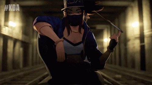 A Woman In A Mask Is Holding A Knife In A Dark Room With #Kda Written Above Her GIF