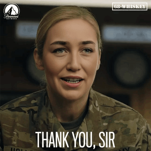 A Woman In A Military Uniform Is Smiling And Says " Thank You Sir " GIF