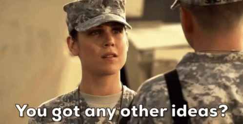 Woman In Military Uniform Talking To Man And Asking For Ideas GIF