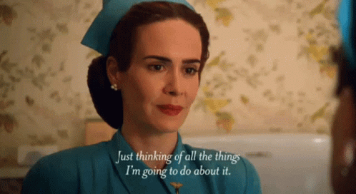 A Woman In A Nurse Uniform Says " Just Thinking Of All The Things I 'M Going To Do About It . " GIF