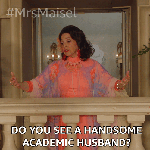 A Woman In A Pink And Purple Dress Is Standing On A Balcony And Asking Do You See A Handsome Academic Husband GIF