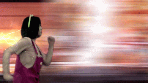 A Woman In A Pink Apron Is Running With A Lightning Bolt Behind Her GIF