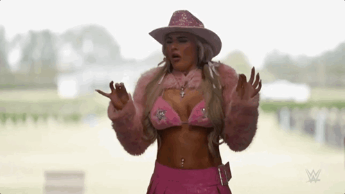 A Woman In A Pink Bikini And Cowboy Hat Is Standing In Front Of A Window With Her Arms Outstretched . GIF