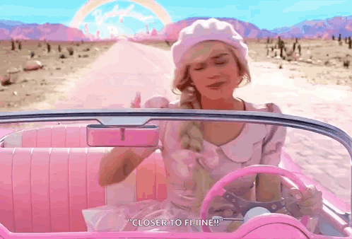 A Woman In A Pink Car Says " Closer To F-Line " GIF