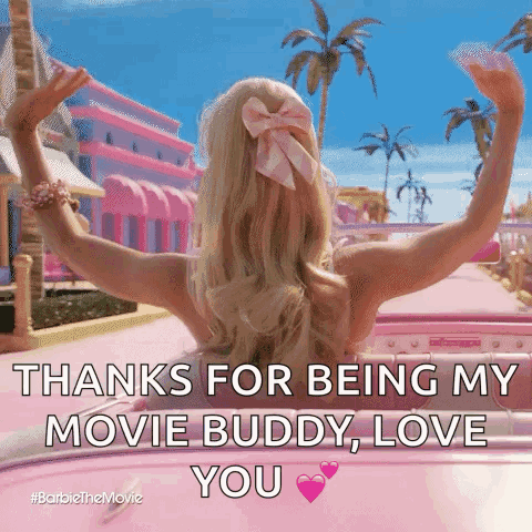 A Woman In A Pink Car With Her Arms Outstretched Says Thanks For Being My Movie Buddy , Love You GIF