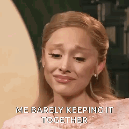 A Woman In A Pink Dress Is Crying And Says `` Me Barely Keeping It Together '' GIF