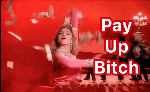 a woman in a pink dress is dancing with the words pay up bitch below her