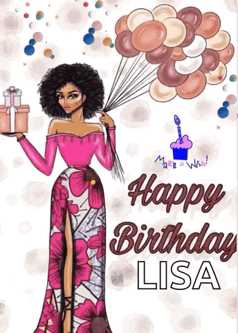 A Woman In A Pink Dress Is Holding Balloons And A Gift Box GIF