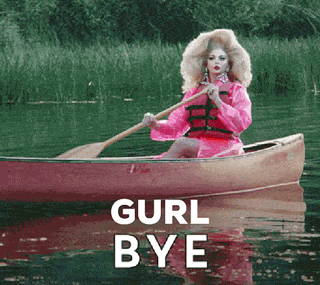 A Woman In A Pink Dress Is Paddling A Canoe With The Words Gurl Bye Written On The Bottom GIF