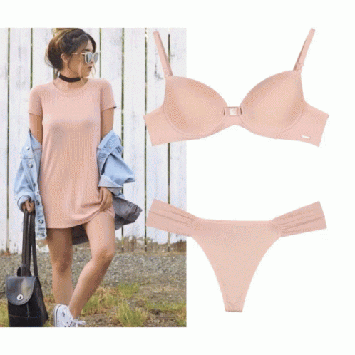 A Woman In A Pink Dress Is Standing Next To A Bra And Thong GIF