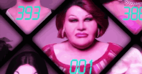 A Woman In A Pink Dress Is Surrounded By Other Women 'S Faces And The Numbers 393 And 001 Are Visible . GIF