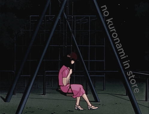 A Woman In A Pink Dress Sits On A Swing In A Dark Park GIF