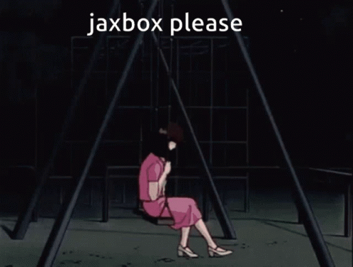 A Woman In A Pink Dress Sits On A Swing With The Text Jaxbox Please GIF
