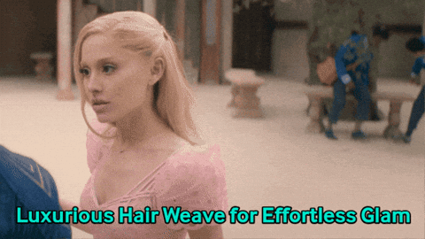 A Woman In A Pink Dress With The Words Luxurious Hair Weave For Effortless Glam Below Her GIF
