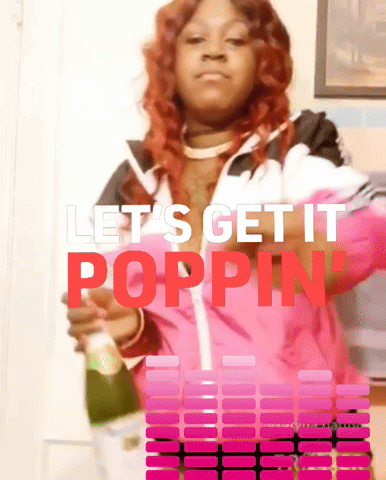 A Woman In A Pink Jacket Is Holding A Bottle Of Champagne And Says Let 'S Get It Poppin GIF