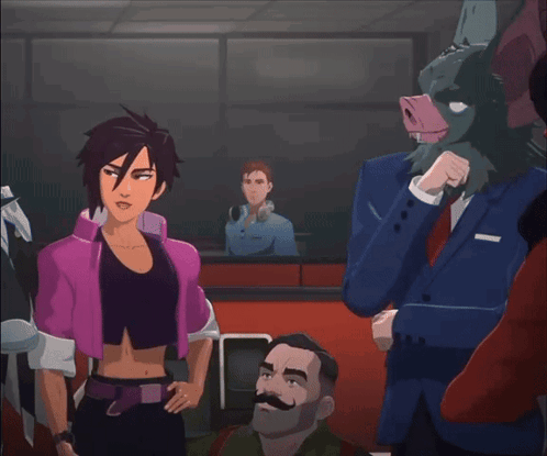 A Woman In A Pink Jacket Is Standing Next To A Man In A Suit With A Pig Mask On His Head GIF