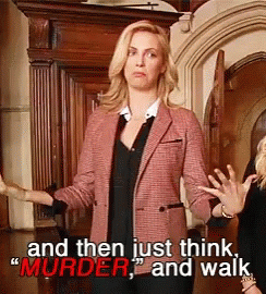 A Woman In A Pink Jacket Says " And Then Just Think " Murder And Walk GIF