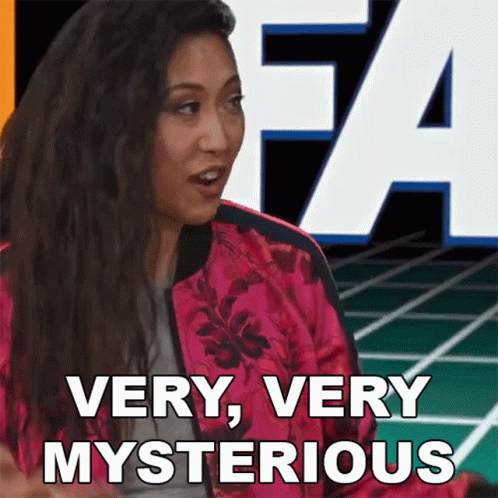A Woman In A Pink Jacket Says Very Very Mysterious In Front Of A Large Letter A GIF