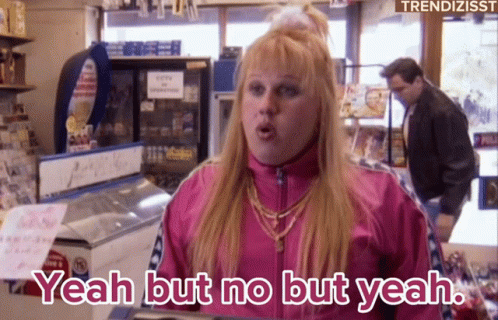 A Woman In A Pink Jacket Says " Yeah But No But Yeah " In A Store GIF